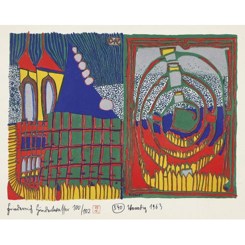 FRIEDENSREICH HUNDERTWASSER : 'Haus und Spirale im Regen' (DOBIASCHOFSKY AUKTIONEN AG)