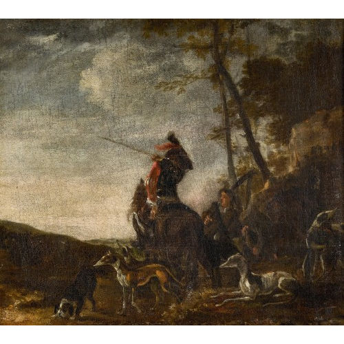 ABRAHAM DANIELSZ HONDIUS : Szene mit Jagdhunden und Reiter (DOBIASCHOFSKY AUKTIONEN AG)