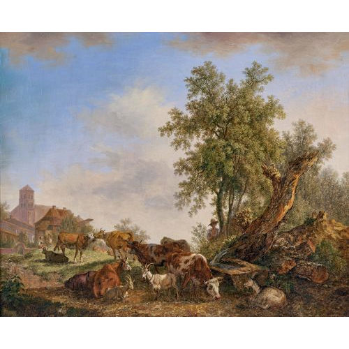 PIERRE-LOUIS DE LA (AUCH LARIVE-GODEFROY RIVE : 'Repos d'animaux prs d'une fontaine rustique dans les alentours d'un village' (DOBIASCHOFSKY AUKTIONEN AG)