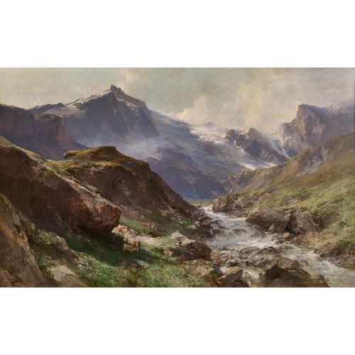 EDWARD THEODORE COMPTON : Bergbach in den Hohen Tauern mit K�hen (DOBIASCHOFSKY AUKTIONEN AG)