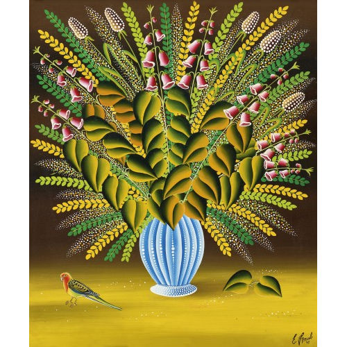 ERICH STAUB : Blumenstillleben mit Rosellasittich (DOBIASCHOFSKY AUKTIONEN AG)