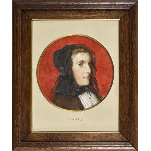 ALBERT ANKER : 'M�dchen mit schwarzer Haube, vor rotem Grund' (DOBIASCHOFSKY AUKTIONEN AG)