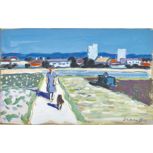 FRED STAUFFER : Frau mit Hund vor Fraubrunnen (DOBIASCHOFSKY AUKTIONEN AG)