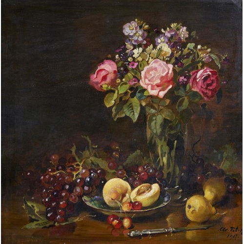 20. JH. SCHWEDEN : Stillleben mit Rosenstrauss, Obstschale und Messer (DOBIASCHOFSKY AUKTIONEN AG)