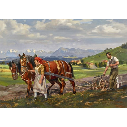 HANS GARTMEIER : Bauer mit Frau bei der Pflugarbeit (DOBIASCHOFSKY AUKTIONEN AG)