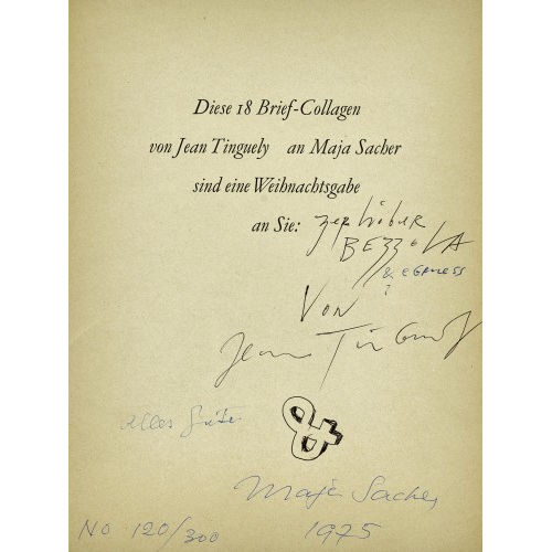 JEAN TINGUELY : 'Diese 18 Brief-Collagen von Jean Tinguely an Maja Sacher sind eine Weihnachtsgabe an Sie'. (DOBIASCHOFSKY AUKTIONEN AG)