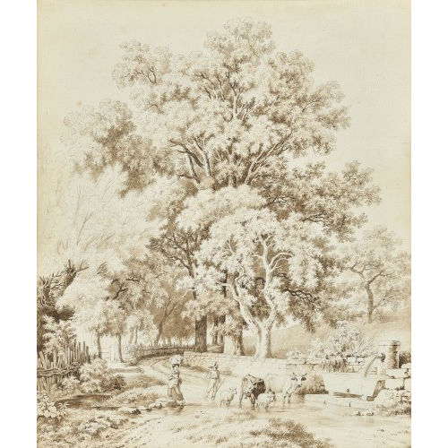 PIERRE-LOUIS DE LA (AUCH LARIVE-GODEFROY RIVE : Von B�umen ges�umter Weg mit W�scherin und Hirt am Brunnen (DOBIASCHOFSKY AUKTIONEN AG)