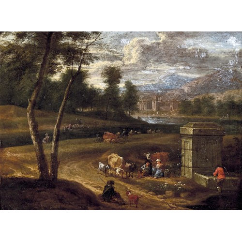 ADRIAEN FRANSZ. BOUDEWIJNS : Flusslandschaft mit rastenden Bauern, Vieh und Brunnen (DOBIASCHOFSKY AUKTIONEN AG)