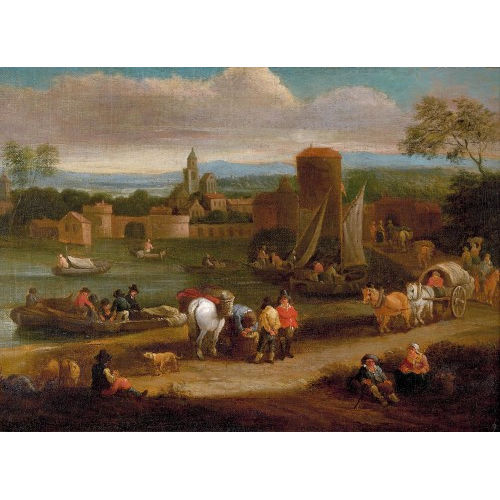 TH�OBALD MICHAU : Flusslandschaft mit Br�cke, H�ndlern und rastendem Volk (DOBIASCHOFSKY AUKTIONEN AG)