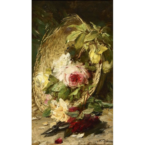 FREDERICO OLARIA : Flechtkorb mit Rosen und Gartenschere (DOBIASCHOFSKY AUKTIONEN AG)