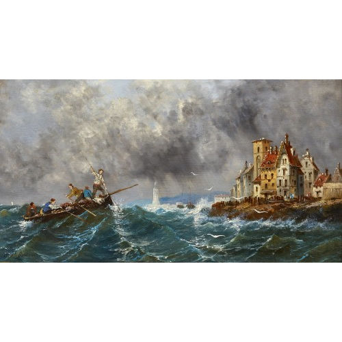 FERDINAND BONHEUR : Fischerboot auf rauer See mit K�stenstadt (DOBIASCHOFSKY AUKTIONEN AG)