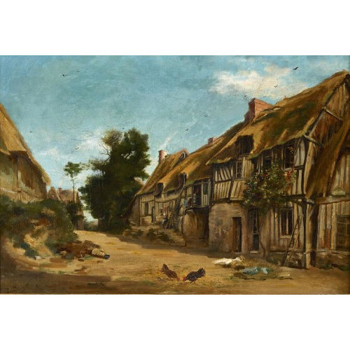 EDOUARD LOUIS BOUDIER : Dorfpartie mit H�hnern (DOBIASCHOFSKY AUKTIONEN AG)