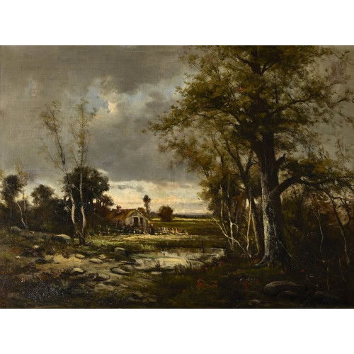 PAUL ARMANDI : Landschaft mit Bauernhof an einem Weiher (DOBIASCHOFSKY AUKTIONEN AG)
