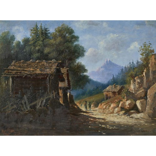 JULES GACHET : Sonnige Berglandschaft mit Bauern (DOBIASCHOFSKY AUKTIONEN AG)