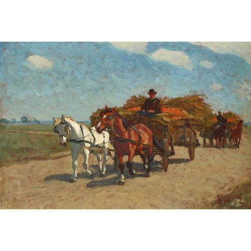 LAJOS ZOMBORY : Sommerlandschaft mit beladenen Pferdefuhrwerken (DOBIASCHOFSKY AUKTIONEN AG)