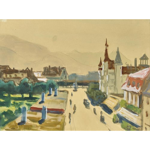 FRED STAUFFER : Stadtpartie mit Bergen (DOBIASCHOFSKY AUKTIONEN AG)