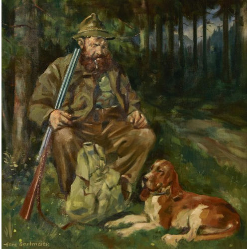 HANS GARTMEIER : Sitzender J�ger mit Hund (DOBIASCHOFSKY AUKTIONEN AG)