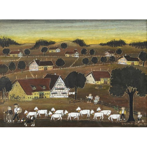VERENA BROGER : Appenzeller Landschaft mit Ziegenherde und Bauern (DOBIASCHOFSKY AUKTIONEN AG)