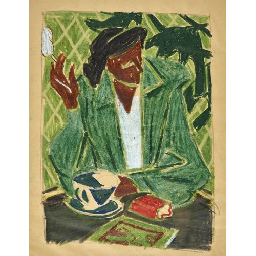 FRED STAUFFER : Mann bei Kaffee und Zigarette am Gartentisch (DOBIASCHOFSKY AUKTIONEN AG)