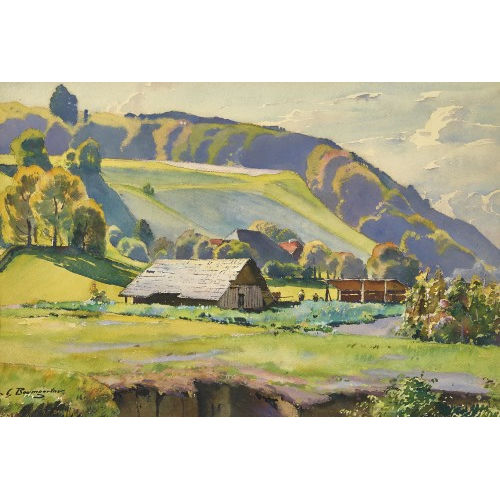 CHRISTIAN BAUMGARTNER : Sommerliche Berglandschaft mit Bauernhaus (DOBIASCHOFSKY AUKTIONEN AG)