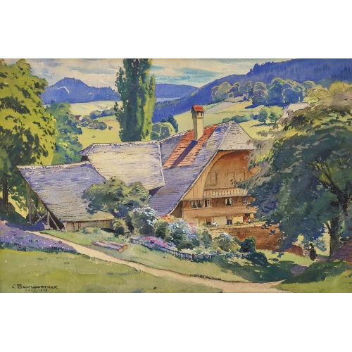 CHRISTIAN BAUMGARTNER : Sommerlandschaft mit Emmentaler Bauernhof (DOBIASCHOFSKY AUKTIONEN AG)