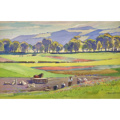 CHRISTIAN BAUMGARTNER : Sommerliche Feldlandschaft mit Bauern bei der Ernte (DOBIASCHOFSKY AUKTIONEN AG)