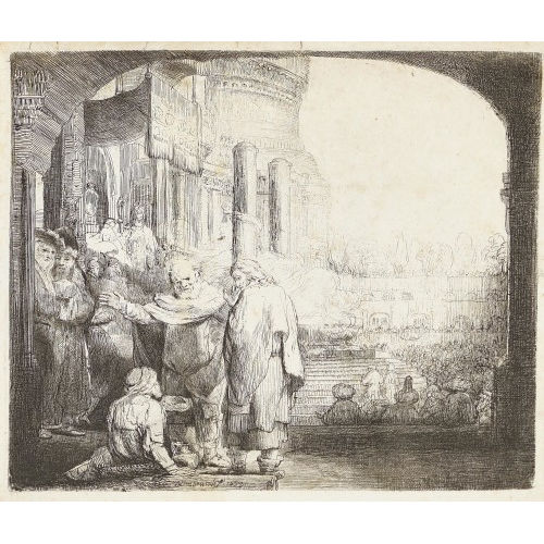 HARMENSZ REMBRANDT VAN RIJN : 'Petrus und Johannes heilen die Lahmen an der Pforte des Tempels' (DOBIASCHOFSKY AUKTIONEN AG)