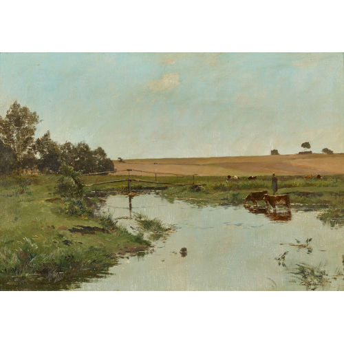 PAUL LECOMTE : Landschaft mit K�hen an der Tr�nke und Br�ckensteg (DOBIASCHOFSKY AUKTIONEN AG)