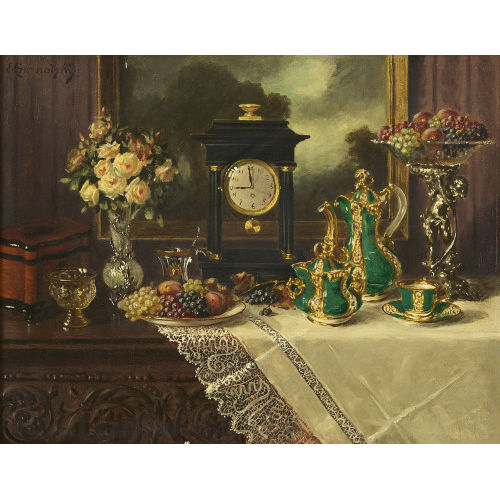 ERNST CZERNOTZKY : Stillleben mit Rosen, Fr�chten, Porzellan und Tischuhr (DOBIASCHOFSKY AUKTIONEN AG)