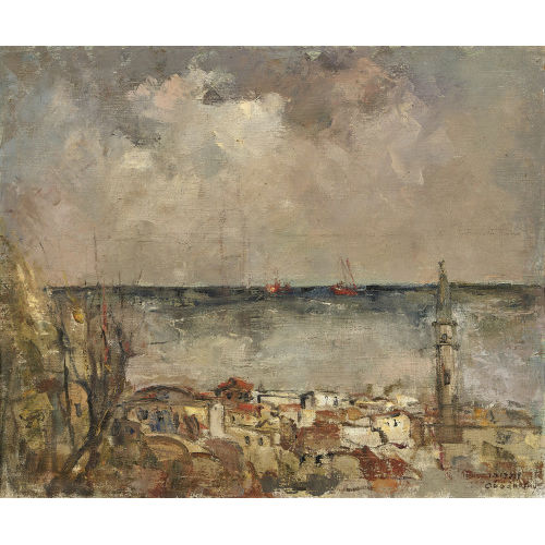 SAMUEL OVADIAHU : K�stenlandschaft mit Stadt und Minarett (DOBIASCHOFSKY AUKTIONEN AG)