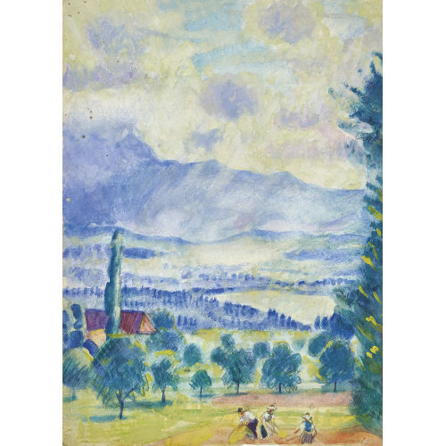 EMIL CARDINAUX : Sommerlandschaft mit Bauern bei der Feldarbeit (DOBIASCHOFSKY AUKTIONEN AG)
