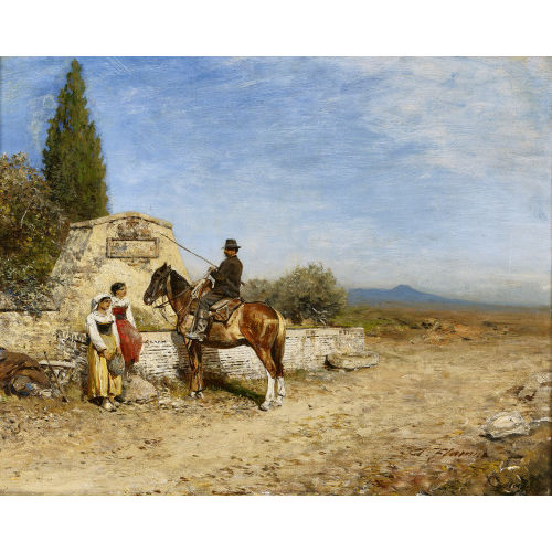 ALBERT FLAMM : Junge Frauen und Reiter am Brunnen in der Campagna Romana (DOBIASCHOFSKY AUKTIONEN AG)