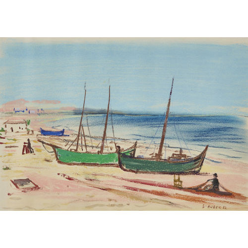 ERNST HUBER : Strandszene mit Booten (DOBIASCHOFSKY AUKTIONEN AG)