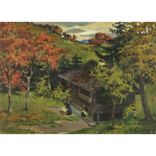 ARNOLD ZORD : Herbstlandschaft mit Haus und B�uerinnen mit W�sche (DOBIASCHOFSKY AUKTIONEN AG)
