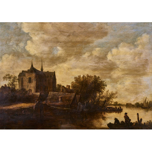 JAN JOSEFSZ. VAN GOYEN : Dorf mit Kirche an einem Fluss (DOBIASCHOFSKY AUKTIONEN AG)