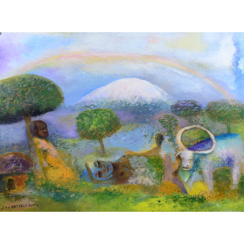 JAK KATARIKAWE : L�ndliche Szene mit Regenbogen �ber dem Kilimandscharo (DOBIASCHOFSKY AUKTIONEN AG)