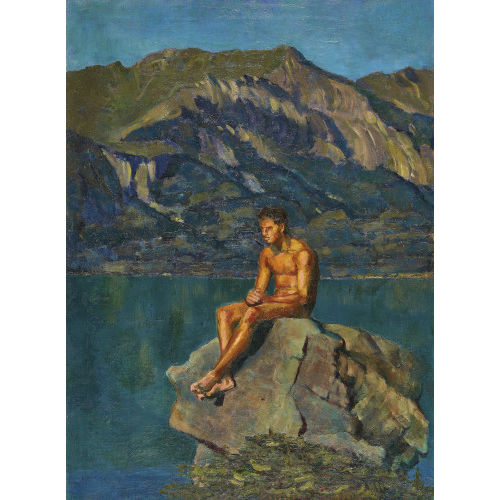 VICTOR SURBEK : Bergsee mit nacktem J�ngling auf einem Felsen (DOBIASCHOFSKY AUKTIONEN AG)
