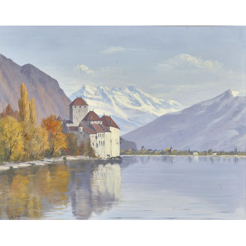 ALBERT DUPLAIN : Genfersee mit Schloss Chillon und Dents du Midi (DOBIASCHOFSKY AUKTIONEN AG)