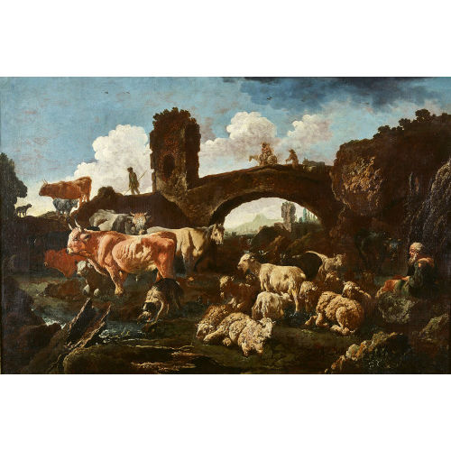 DOMENICO BRANDI : Hirten mit Vieh bei einer Br�cke (DOBIASCHOFSKY AUKTIONEN AG)