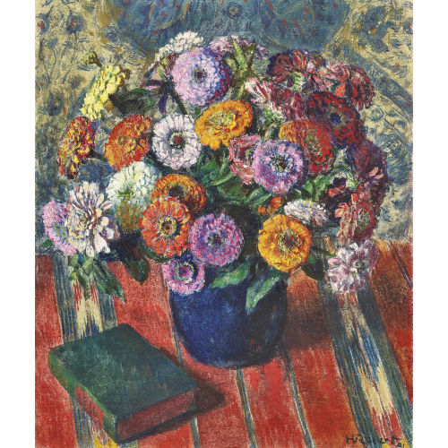 HENRI MARCEL ROBERT : Stillleben mit bunten Zinnien und Buch (DOBIASCHOFSKY AUKTIONEN AG)