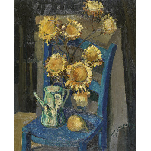 FERUCCIO GAROPESANI : Stillleben mit blauem Stuhl und Sonnenblumen in Kanne (DOBIASCHOFSKY AUKTIONEN AG)