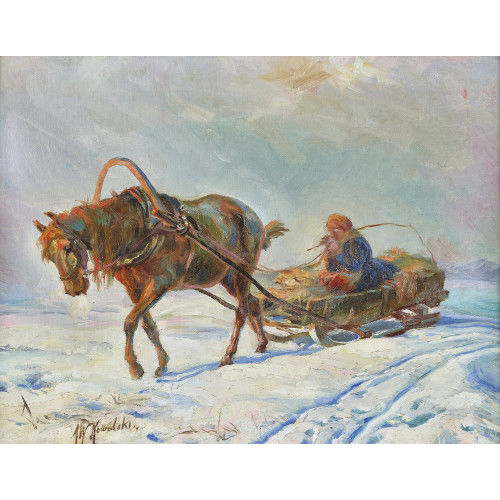 ALFRED VON WIERUSZ-KOWALSKI : B�uerin auf Pferdeschlitten in abendlicher Schneelandschaft (DOBIASCHOFSKY AUKTIONEN AG)