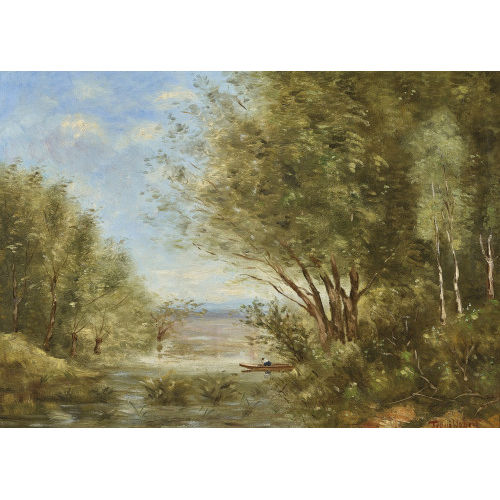 PAUL D�SIR� TROUILLEBERT : Bewaldetes Flussufer mit Angler im Boot (DOBIASCHOFSKY AUKTIONEN AG)