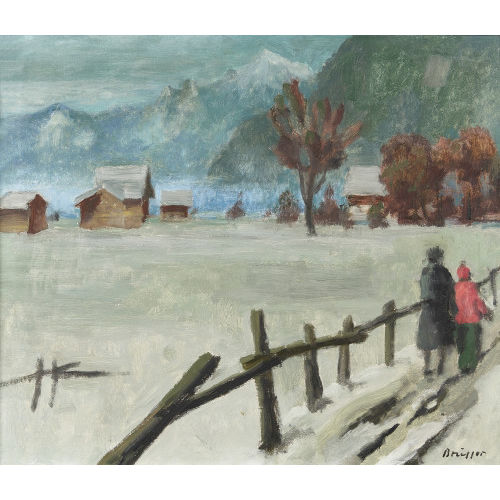ARNOLD BR�GGER : Winterliche Tallandschaft mit Passanten und H�usern (DOBIASCHOFSKY AUKTIONEN AG)