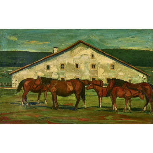 ALBERT SCHNYDER : 'Chevaux devant une grande ferme' (DOBIASCHOFSKY AUKTIONEN AG)