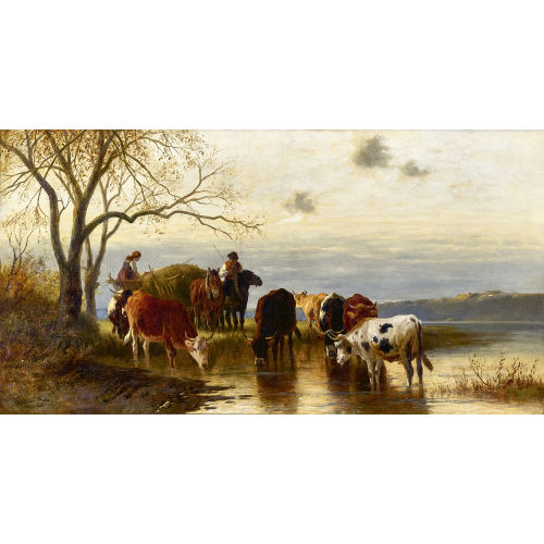 CHRISTIAN FRIEDRICH MALI : Heufuhrwerk mit Bauernpaar und K�hen an der Tr�nke (DOBIASCHOFSKY AUKTIONEN AG)