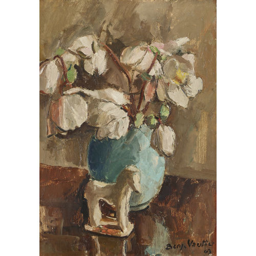 BENJAMIN II VAUTIER : Weisse Christrosen in blauer Vase mit Spielzeugpferd (DOBIASCHOFSKY AUKTIONEN AG)