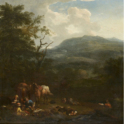 JAN VAN HUCHTENBURGH : Landschaft mit rastenden Reitern (DOBIASCHOFSKY AUKTIONEN AG)