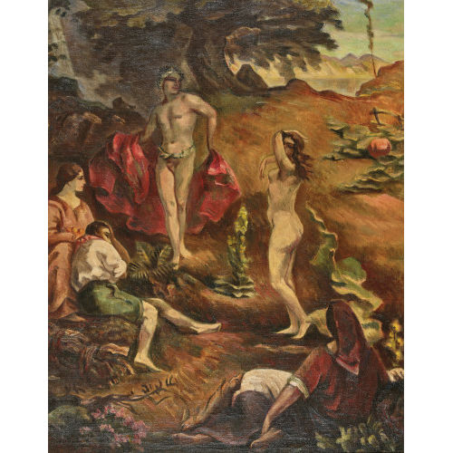RUDOLF URECH : Landschaft mit unbekleidetem Tanzpaar und Zuschauern (DOBIASCHOFSKY AUKTIONEN AG)