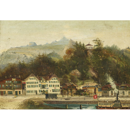 A. RUEGG : Uferpartie von Brienz mit Hotel de la Croix Blanche und Dampfschiff auf dem See (DOBIASCHOFSKY AUKTIONEN AG)